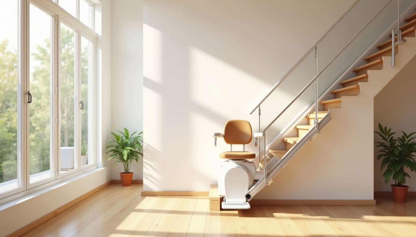Monte-escalier installé dans un escalier intérieur, intégré de manière discrète dans un salon lumineux