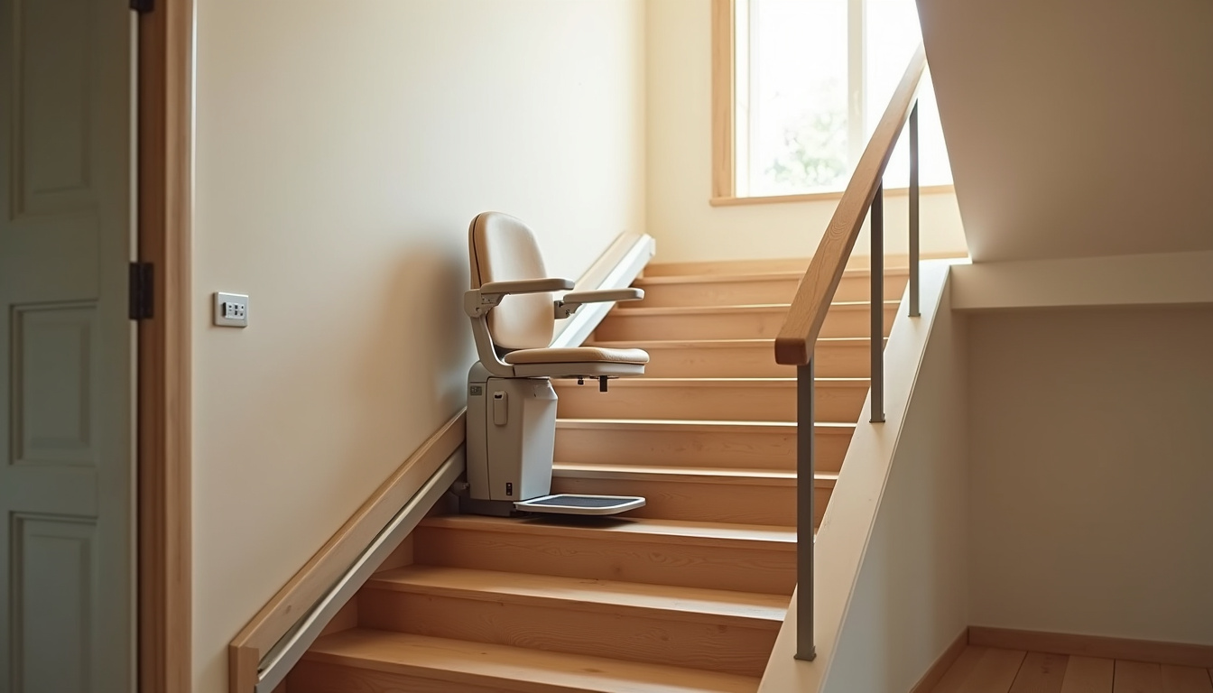 Monte-escalier installé dans un escalier intérieur, intégré harmonieusement à la décoration