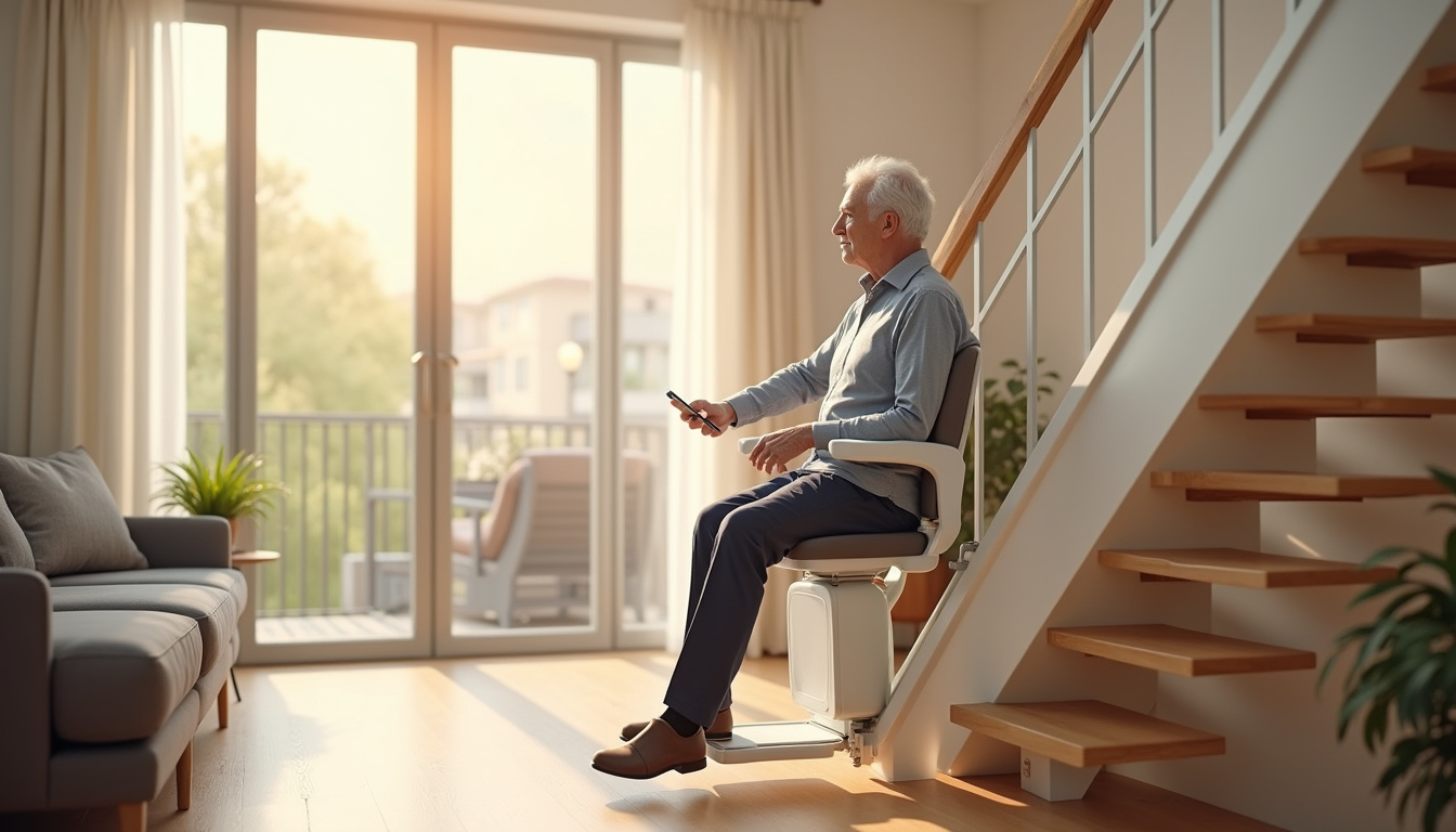 Monte-escalier installé dans un escalier intérieur près du salon
