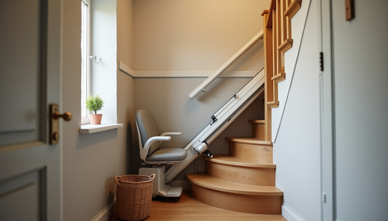 Monte-escalier installé dans un escalier intérieur typique de Romillé