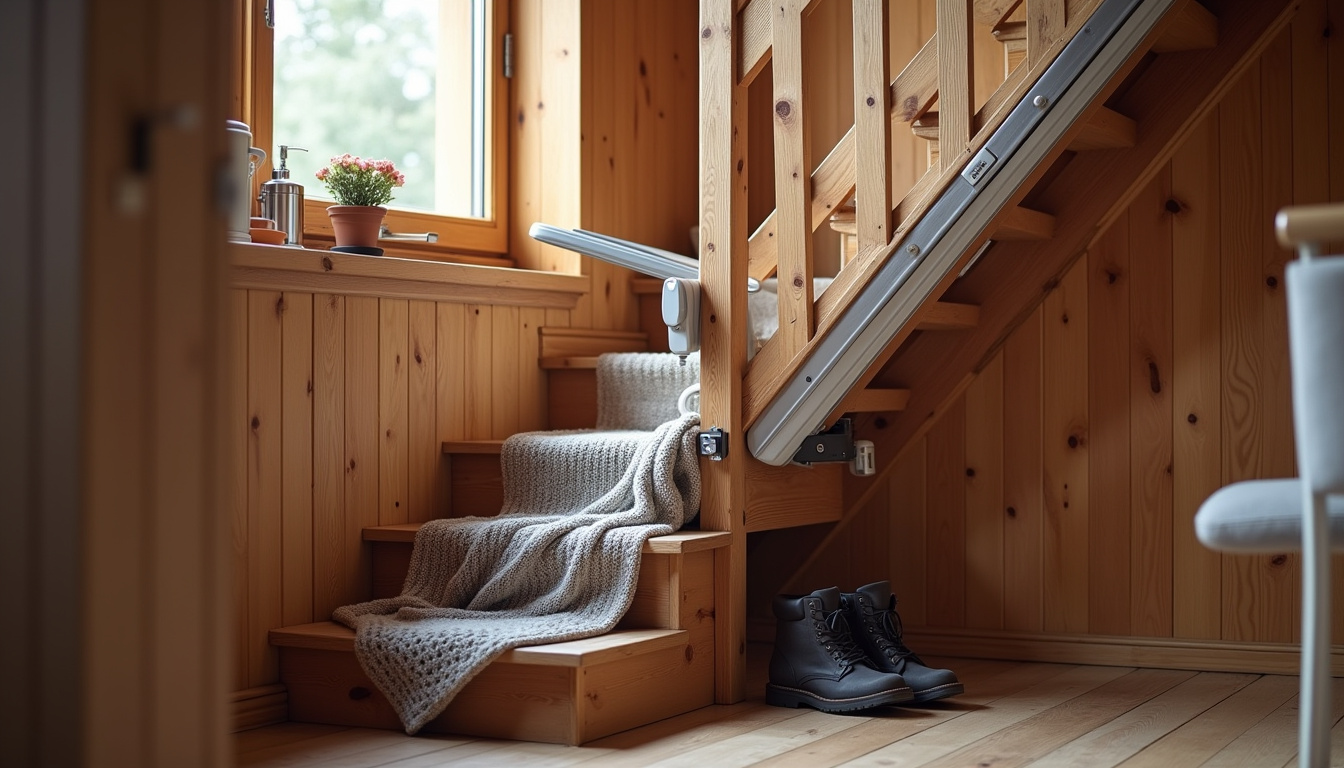 Monte-escalier installé dans un intérieur typique de Gruffy, sur un escalier en bois ancien