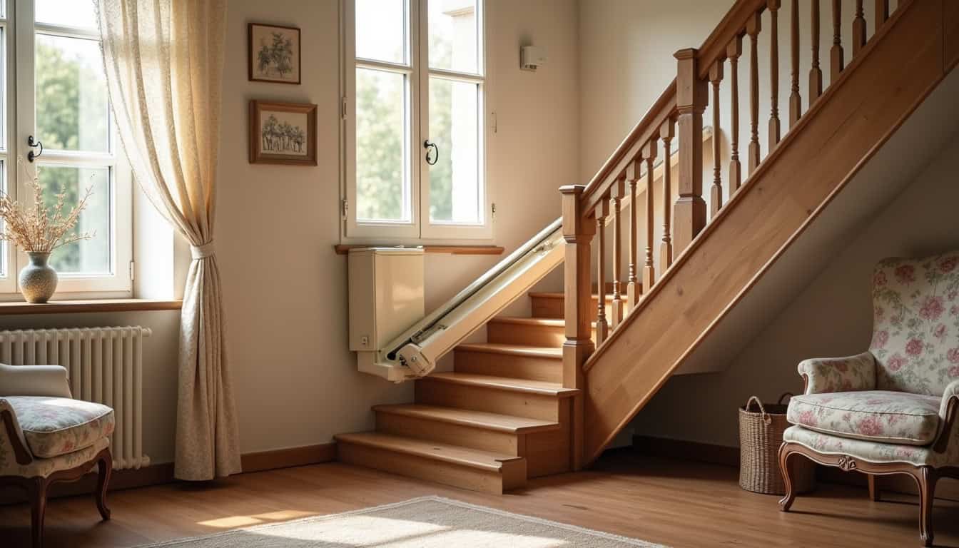 Monte-escalier installé dans un salon traditionnel à Vinça, intégré discrètement à un escalier en bois ancien