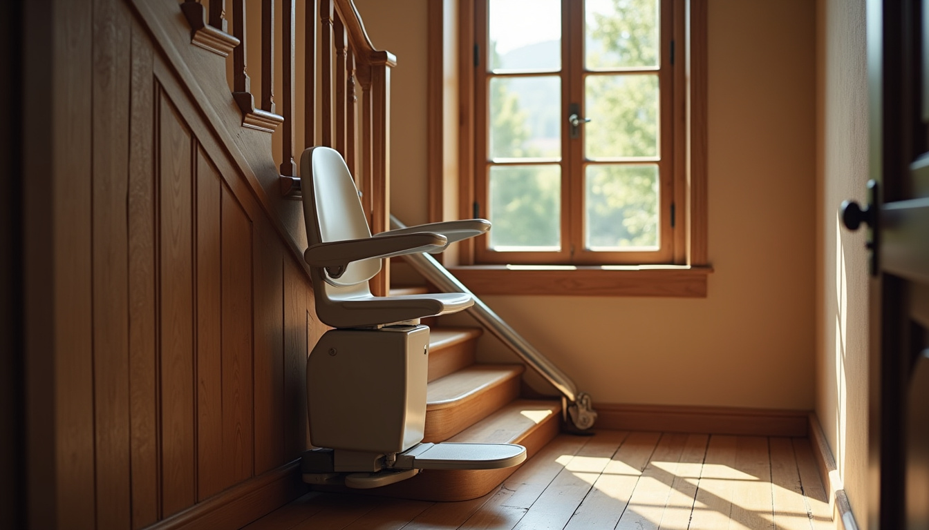 Monte-escalier installé dans une maison à Ambert, modèle droit sur un escalier en bois ancien