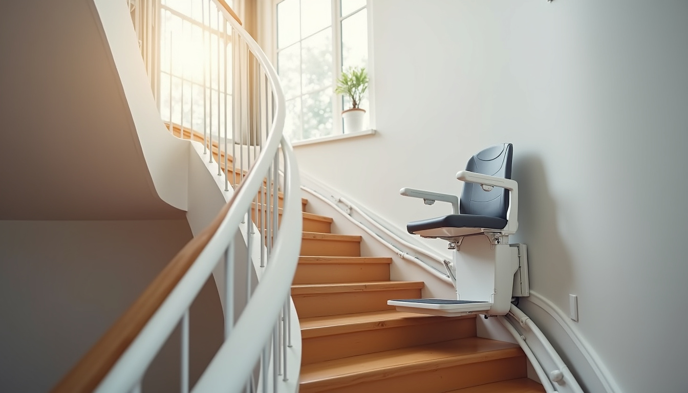 Monte-escalier installé dans une maison à Bouffémont, vu depuis l