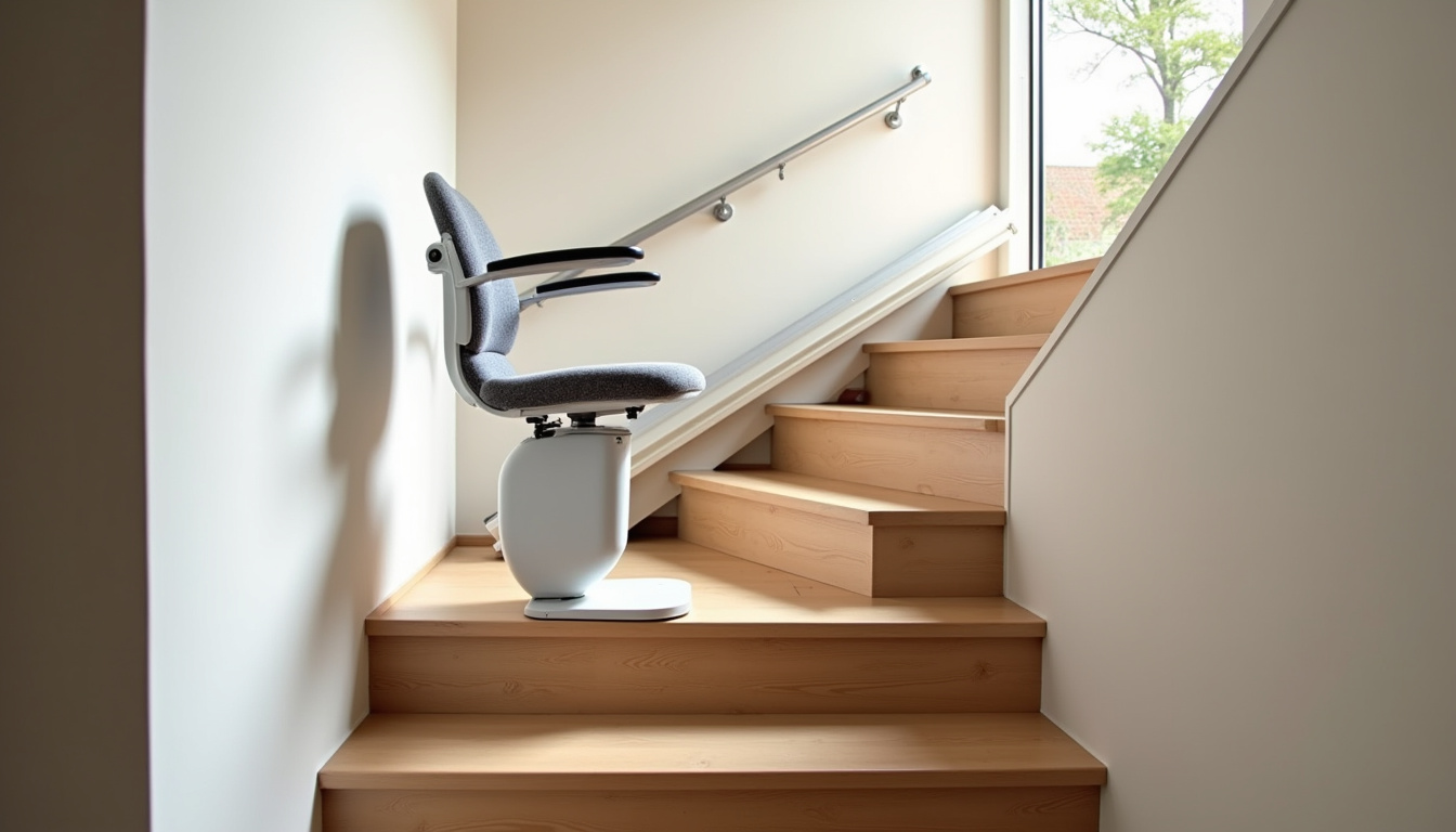 Monte-escalier installé dans une maison à Châtillon-en-Vendelais, escalier droit avec fauteuil pliant