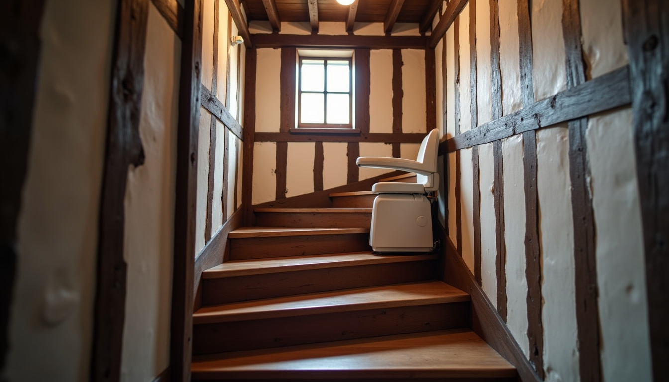 Monte-escalier installé dans une maison à colombages alsacienne avec escalier étroit et tournant