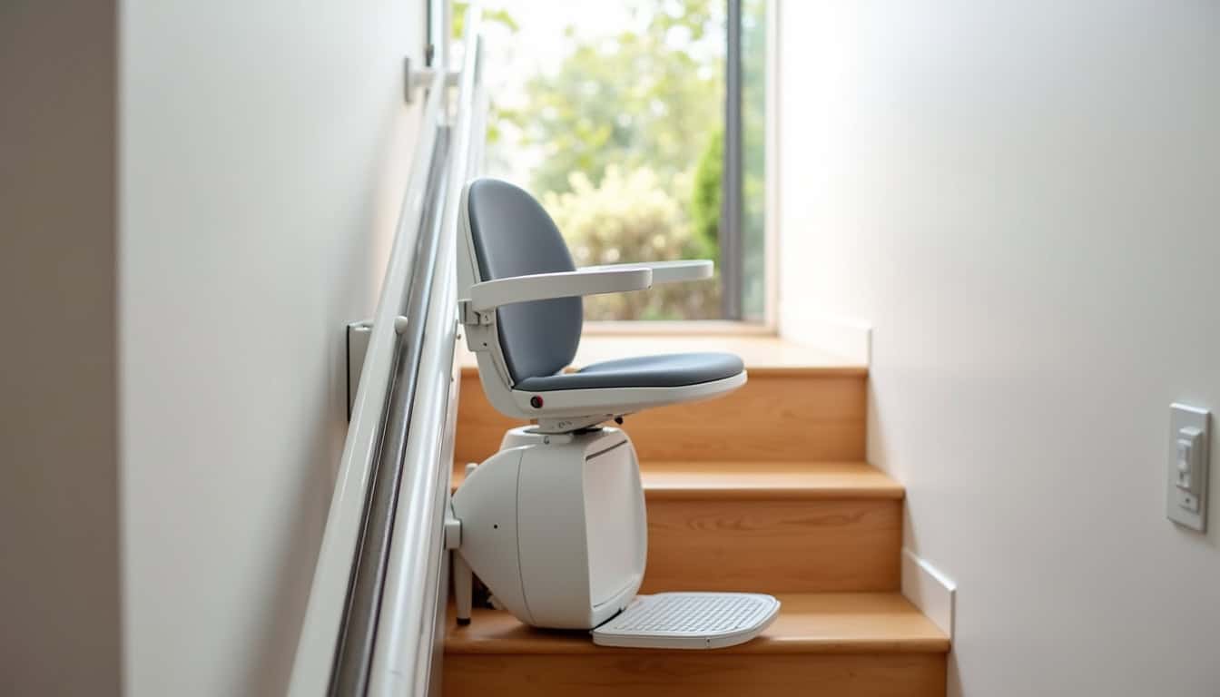 Monte-escalier installé dans une maison à Créteil, escalier droit avec fauteuil compact