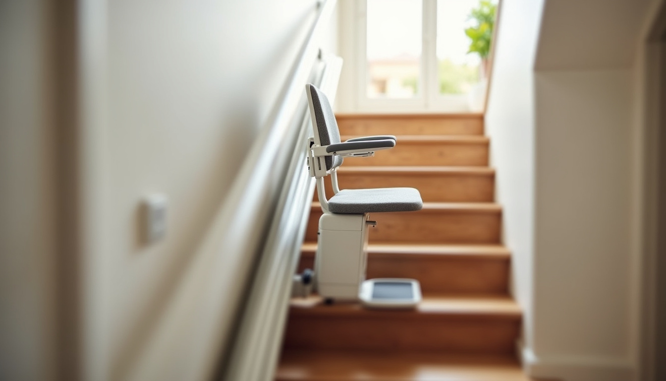 Monte-escalier installé dans une maison à Doullens, modèle droit avec siège escamotable