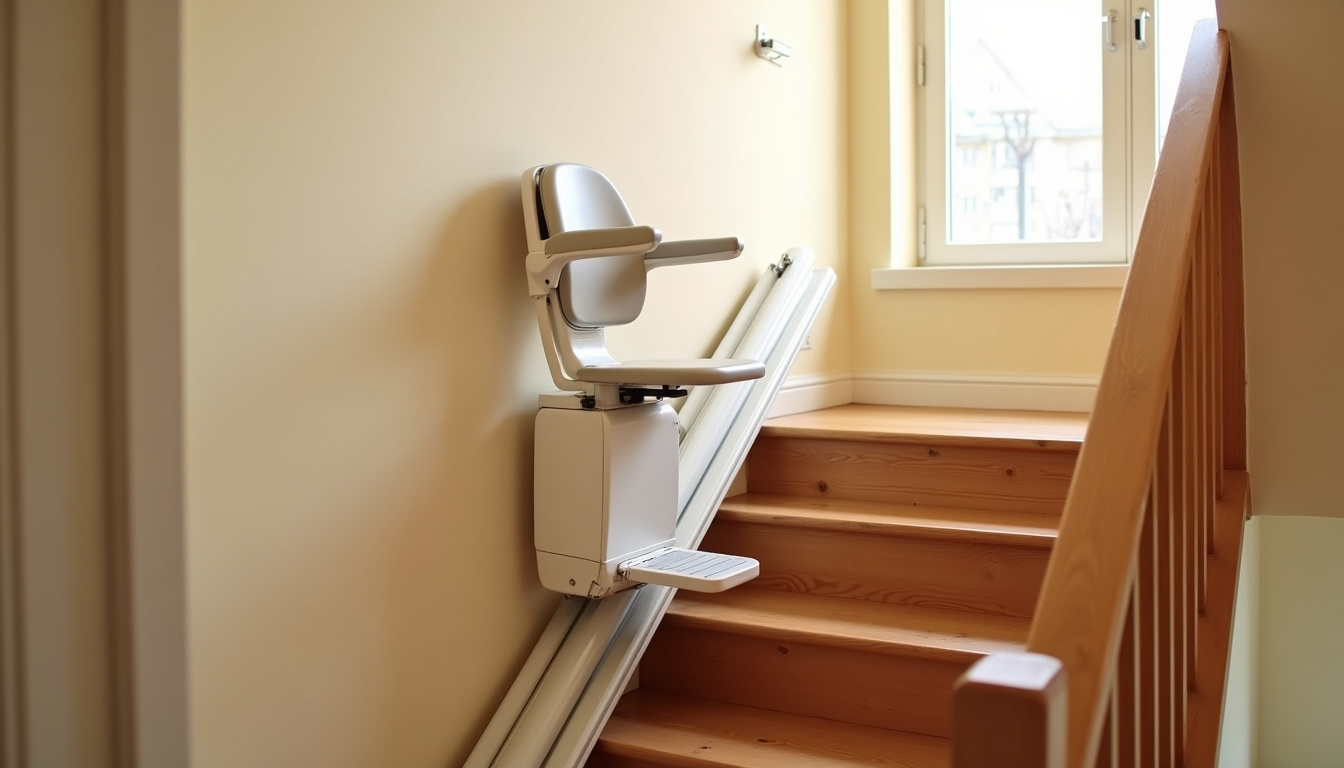 Monte-escalier installé dans une maison à Grandpuits-Bailly-Carrois, siège en position repliée le long de l