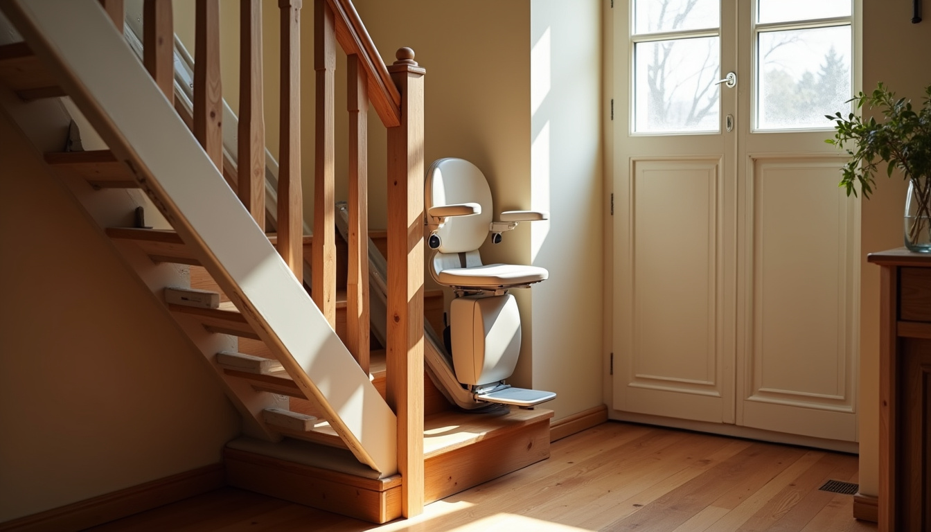 Monte-escalier installé dans une maison à Le Pallet, avec un rail droit le long d’un escalier traditionnel