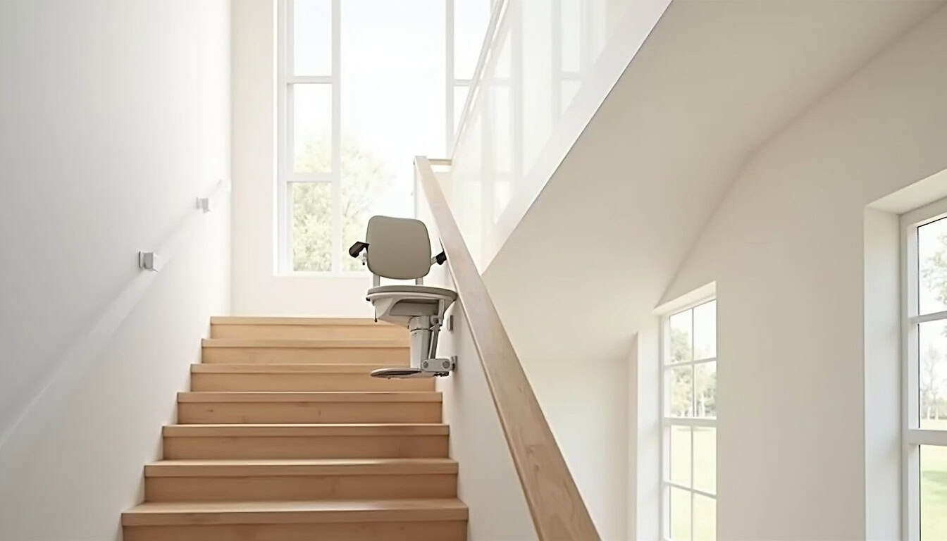Monte-escalier installé dans une maison à Le Port, discrètement intégré à un escalier moderne