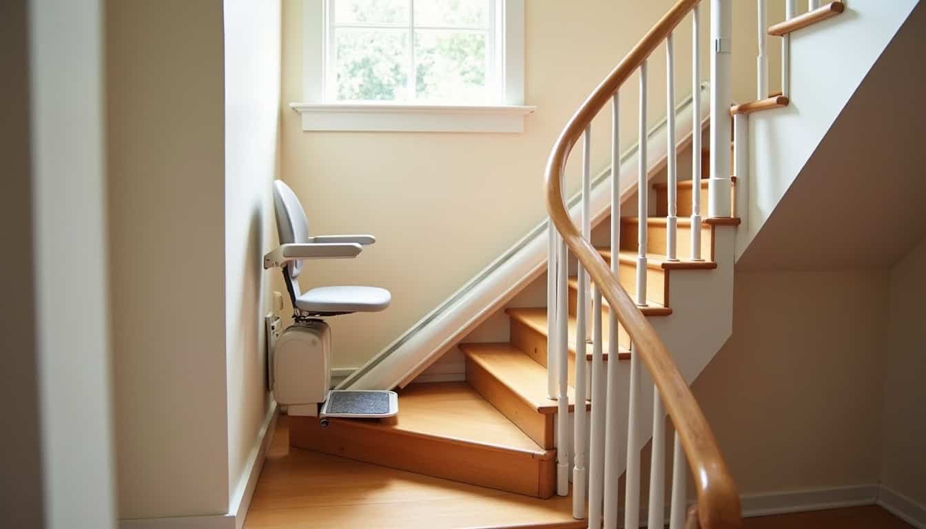 Monte-escalier installé dans une maison à Luzancy, vu depuis le palier