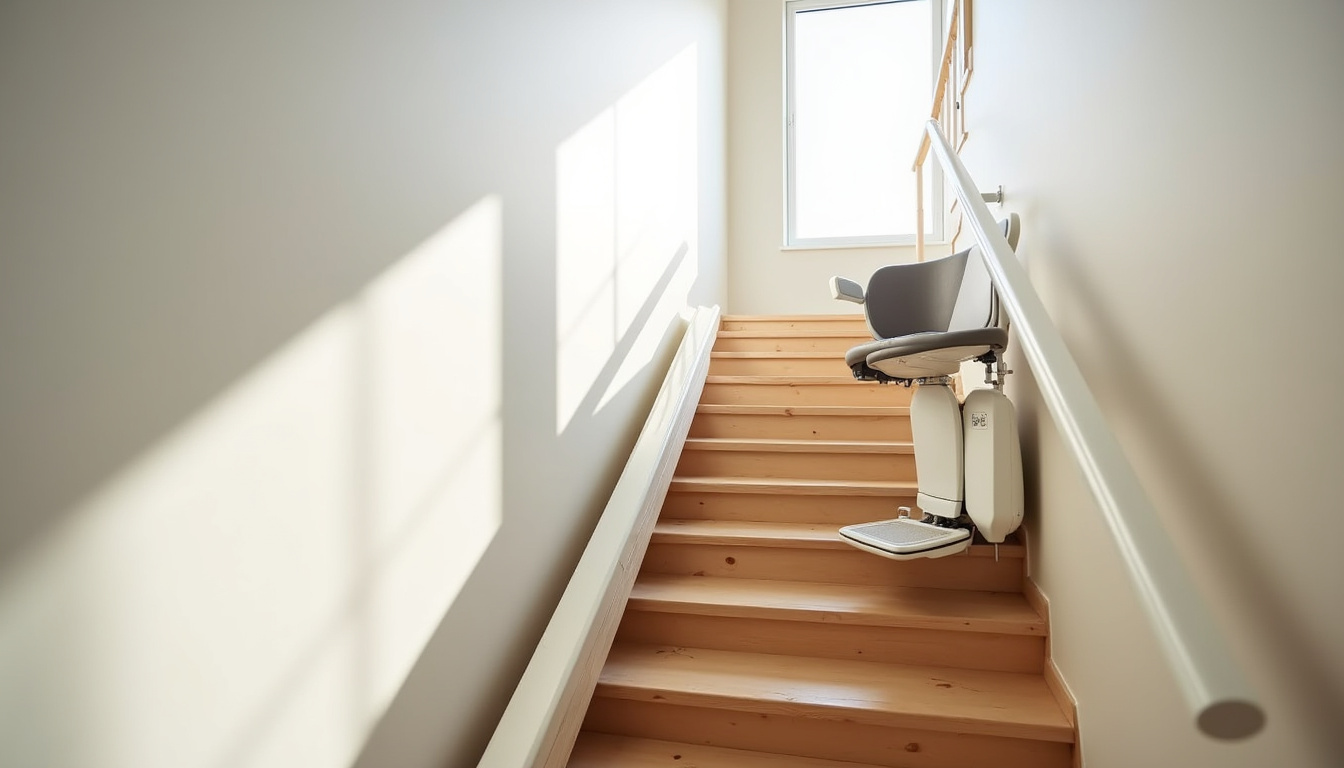 Monte-escalier installé dans une maison à Molsheim, vue intérieure de l'appareil sur un escalier droit