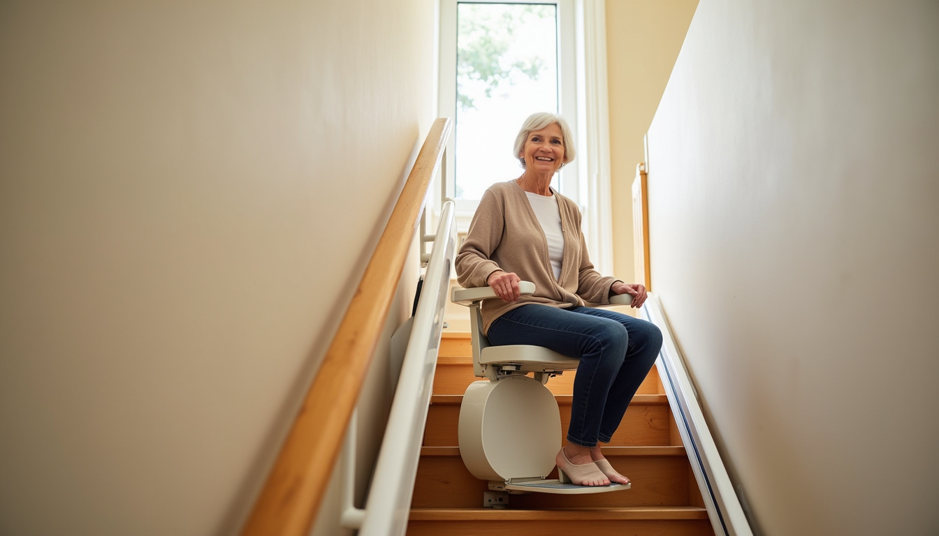 Monte-escalier installé dans une maison à Quincy-sous-Sénart, escalier intérieur droit avec siège pliable