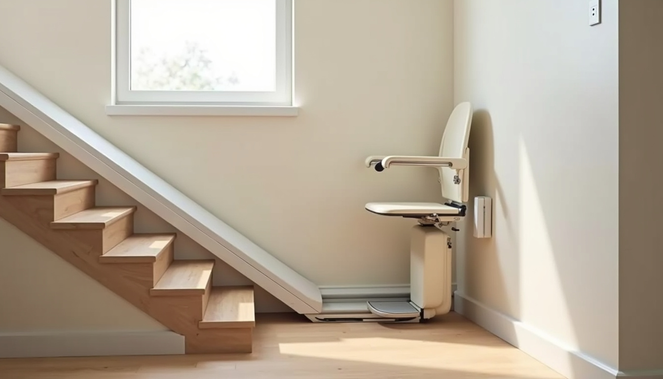 Monte-escalier installé dans une maison à Reuilly, escalier droit avec siège replié