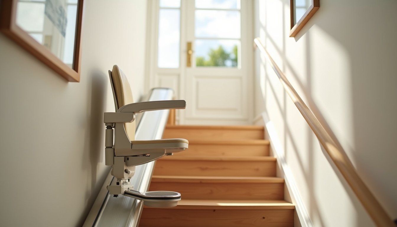 Monte-escalier installé dans une maison à Saint-Paul-lès-Dax, avec un rail discret le long d’un escalier droit