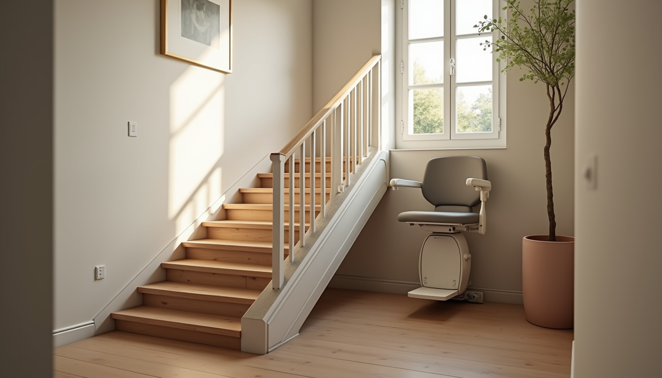 Monte-escalier installé dans une maison à Saint-Privat-des-Vieux, escalier intérieur avec fauteuil adapté
