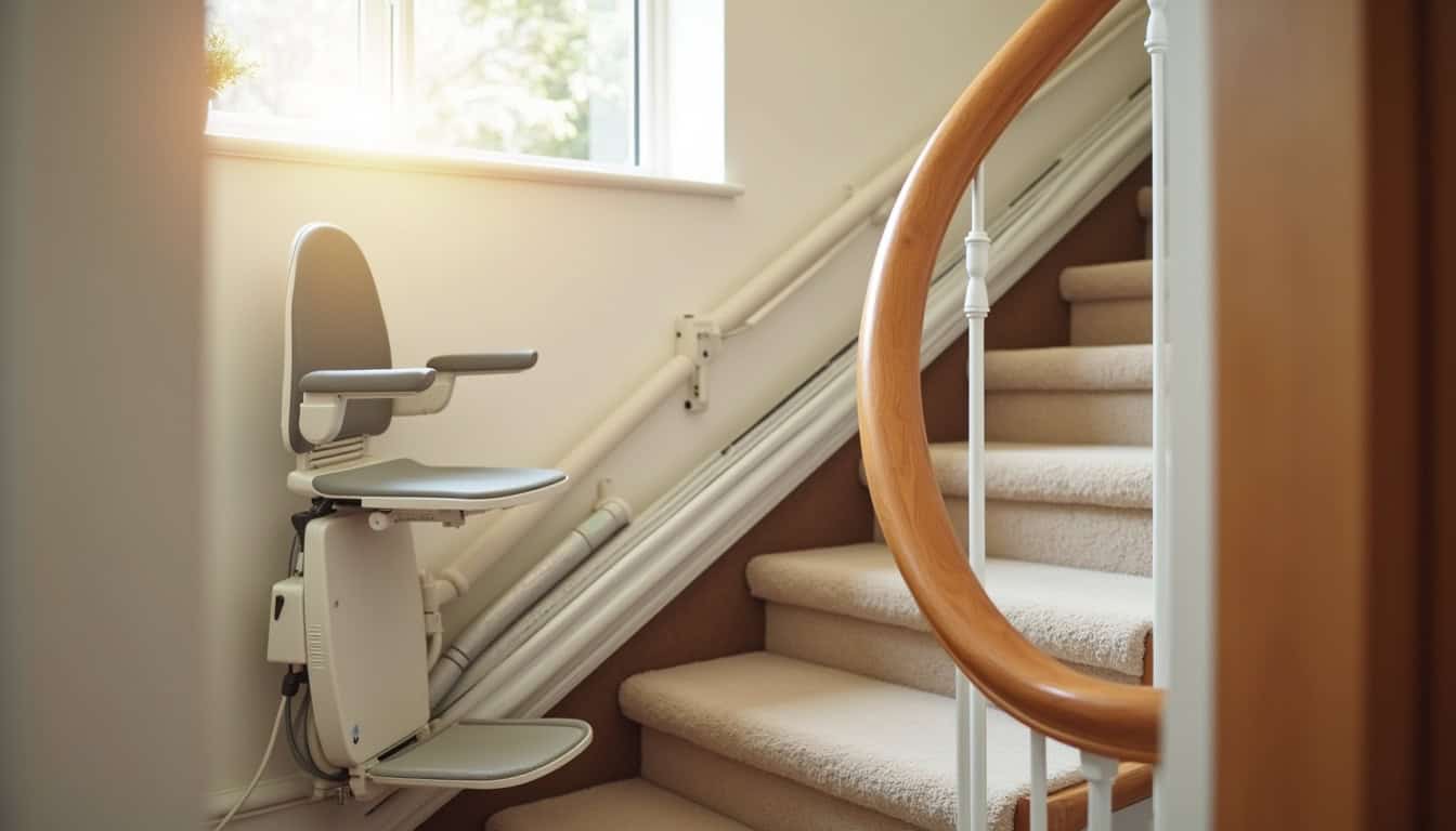 Monte-escalier installé dans une maison à Sixt-sur-Aff, escalier intérieur avec rampe courbe