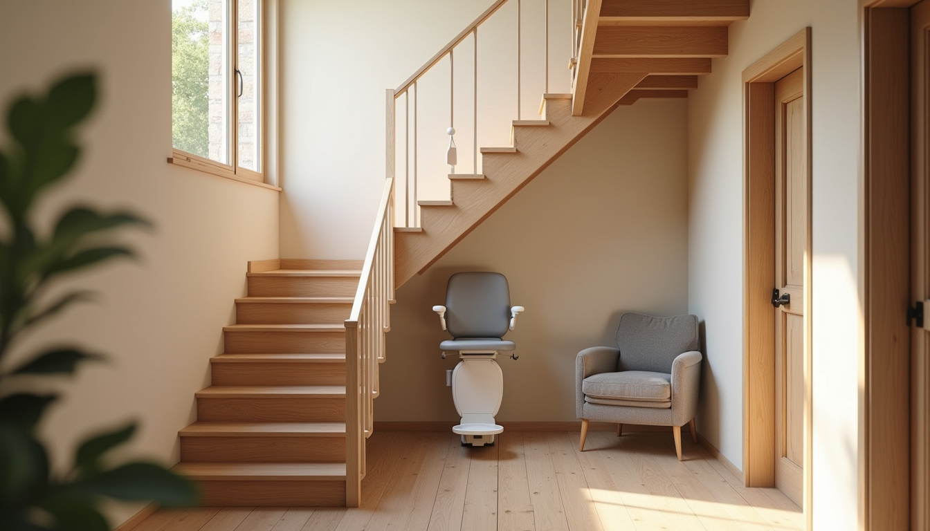 Monte-escalier installé dans une maison à Voglans, en intérieur sur un escalier droit