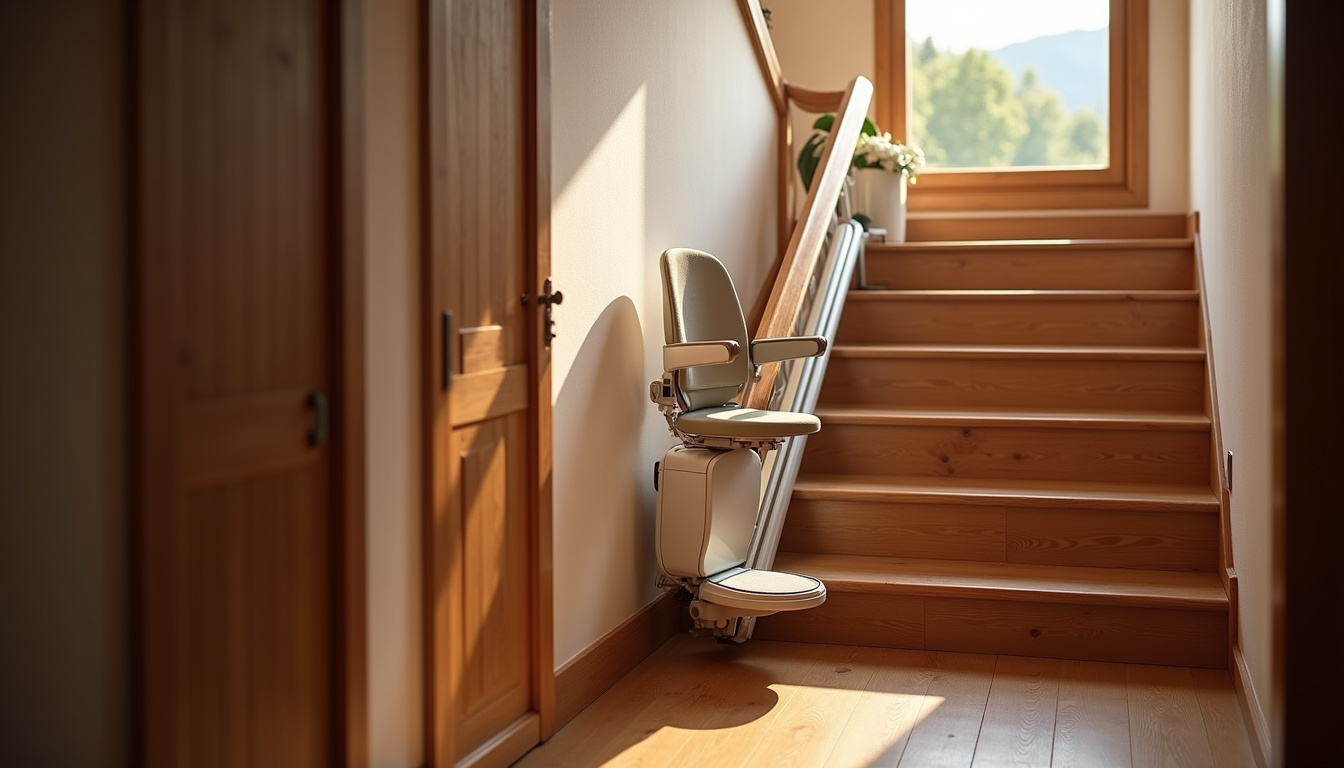 Monte-escalier installé dans une maison à Wettolsheim avec escalier droit et éclairage intégré