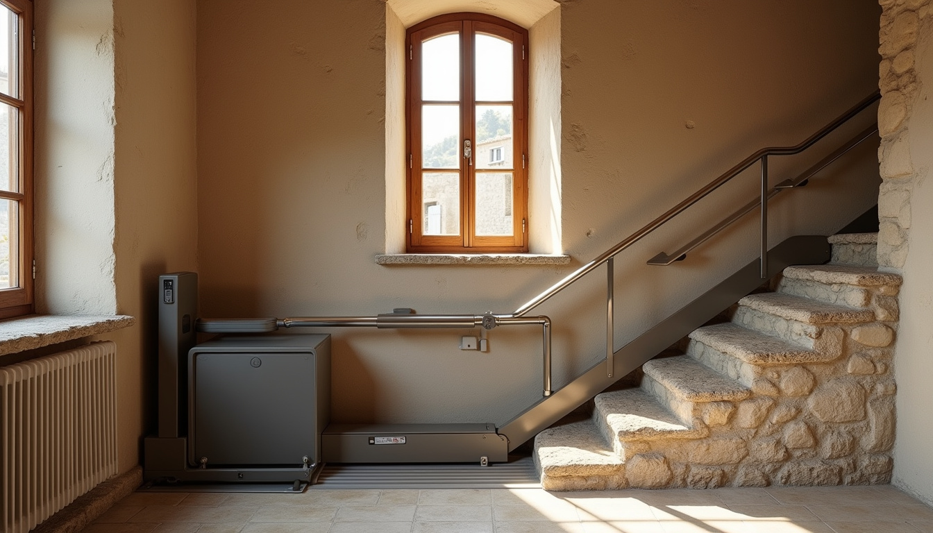 Monte-escalier installé dans une maison ancienne à Auzances avec escalier en pierre