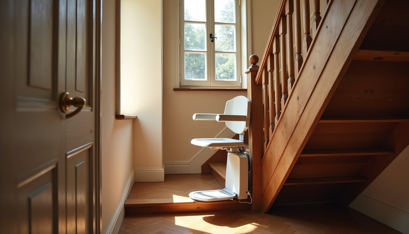 Monte-escalier installé dans une maison ancienne à Excideuil avec escalier en bois