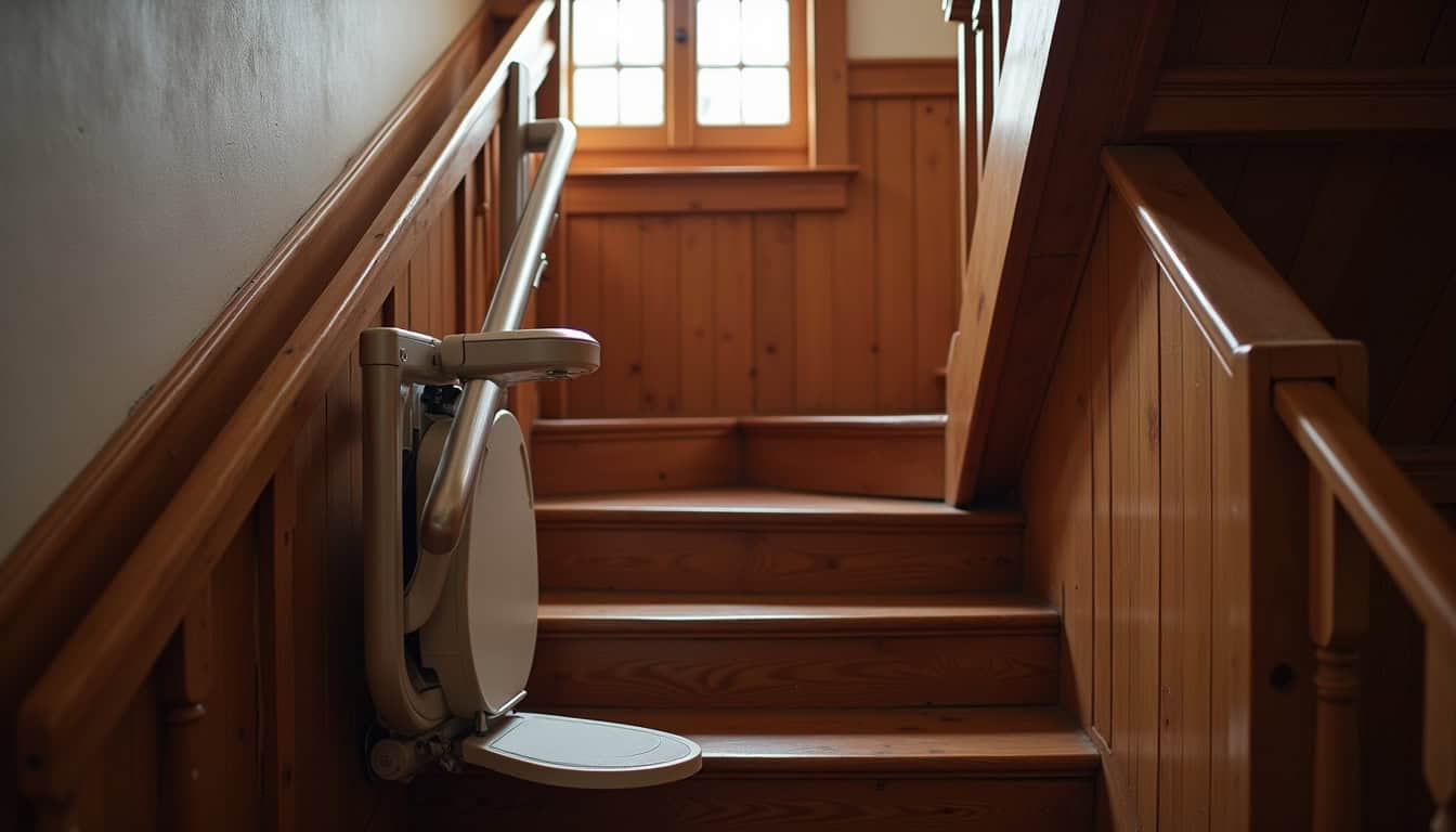 Monte-escalier installé dans une maison ancienne à Meusnes avec escalier en bois