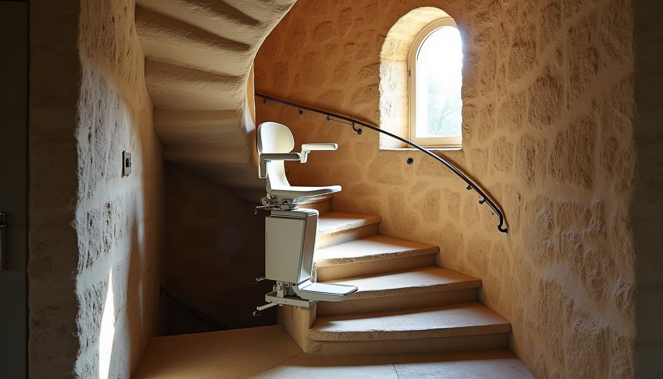 Monte-escalier installé dans une maison ancienne à Nailloux avec escalier en colimaçon