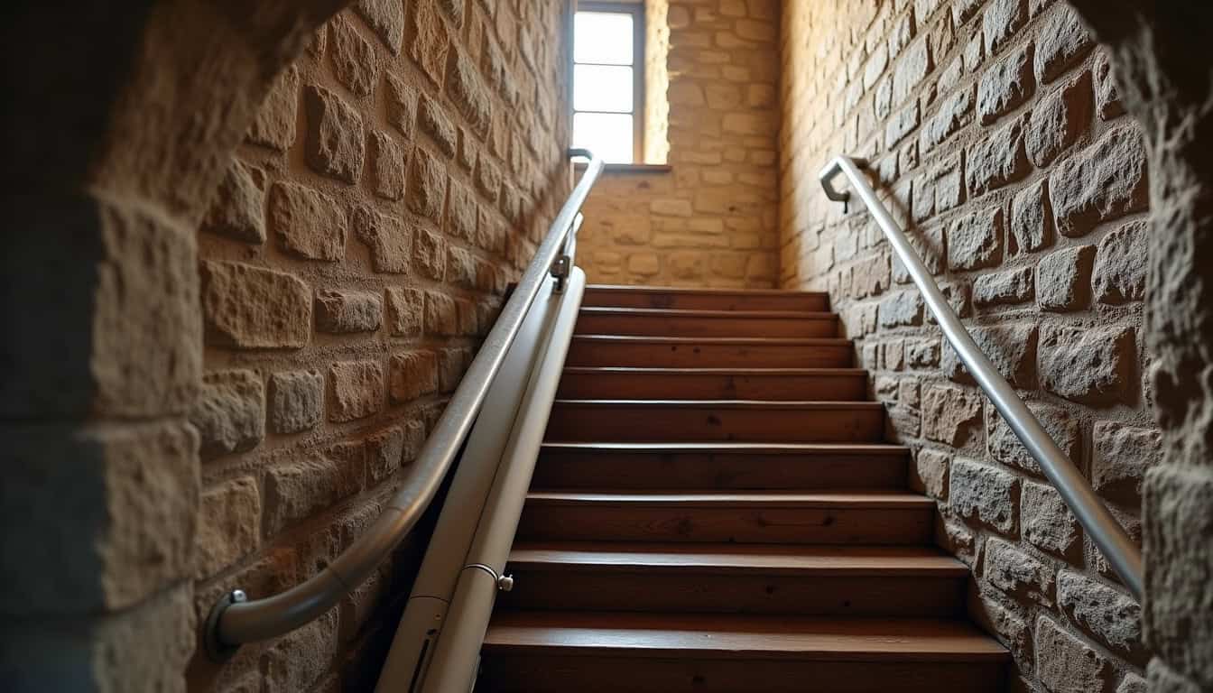 Monte-escalier installé dans une maison ancienne à Ploërdut avec escalier en pierre
