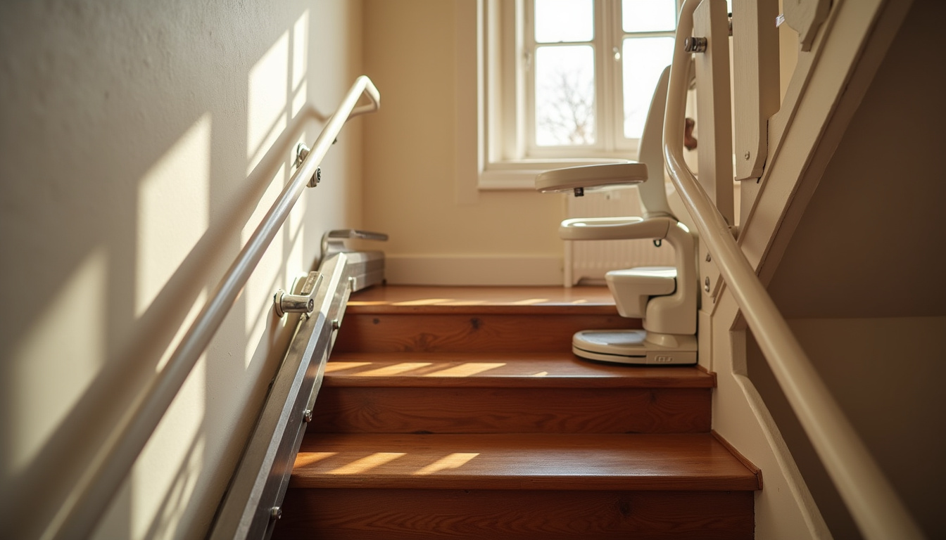 Monte-escalier installé dans une maison ancienne à Potigny avec escalier droit en bois