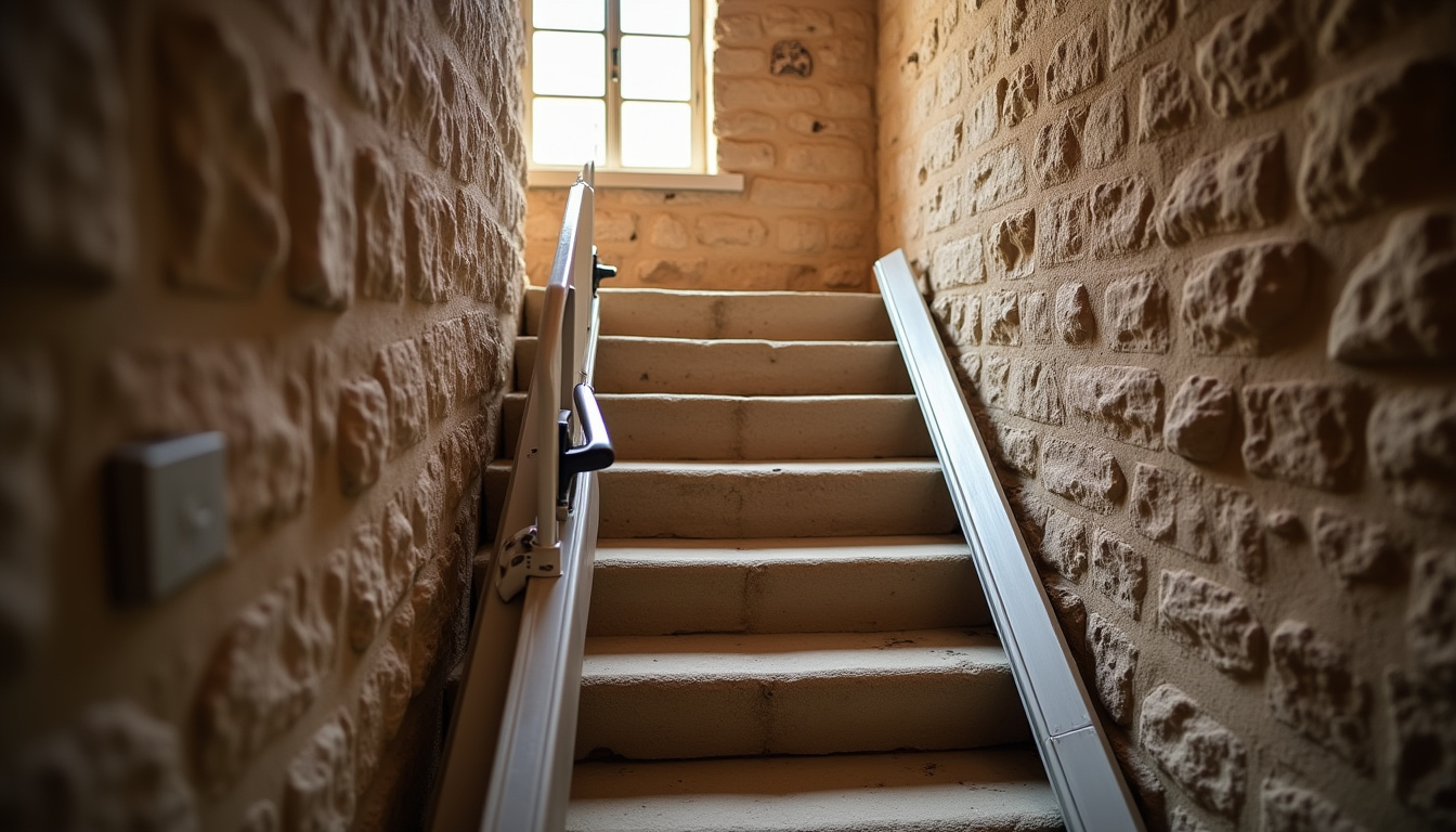 Monte-escalier installé dans une maison ancienne à Siorac-en-Périgord avec escalier en pierre