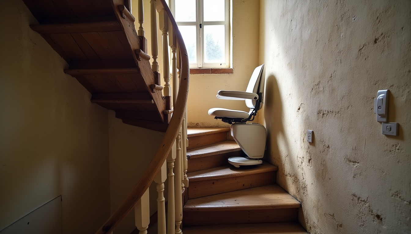 Monte-escalier installé dans une maison ancienne à Yerres, escalier en colimaçon avec fauteuil en position repliée
