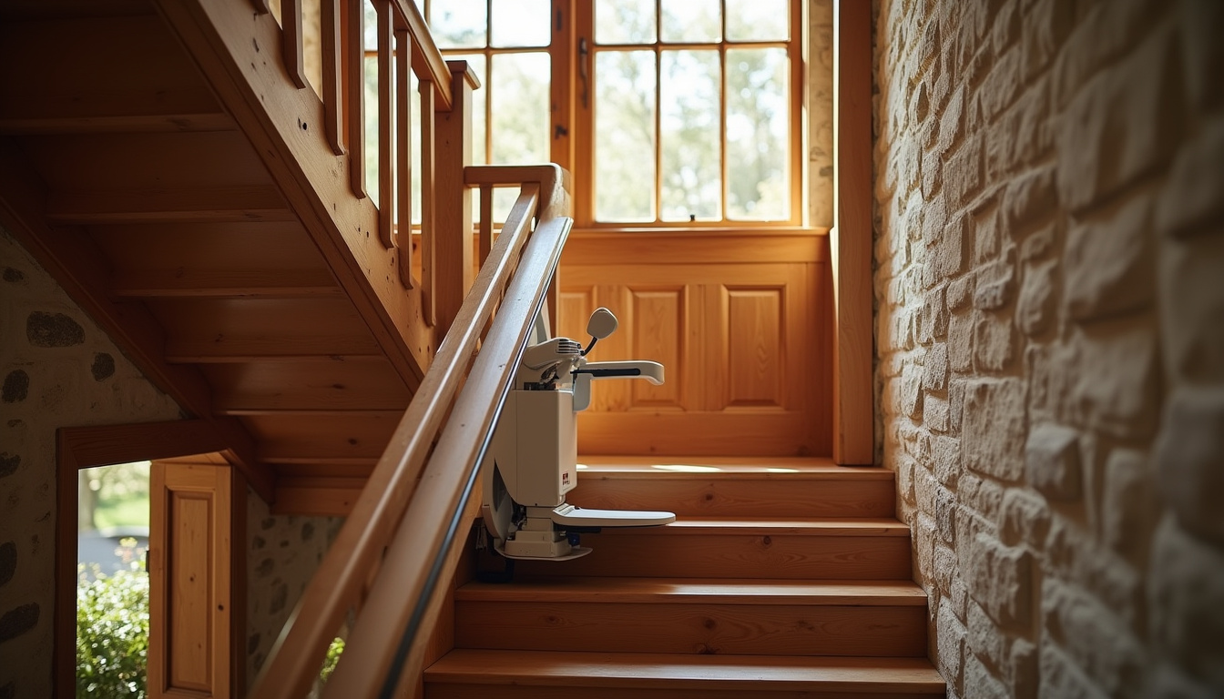 Monte-escalier installé dans une maison ancienne avec escalier en bois