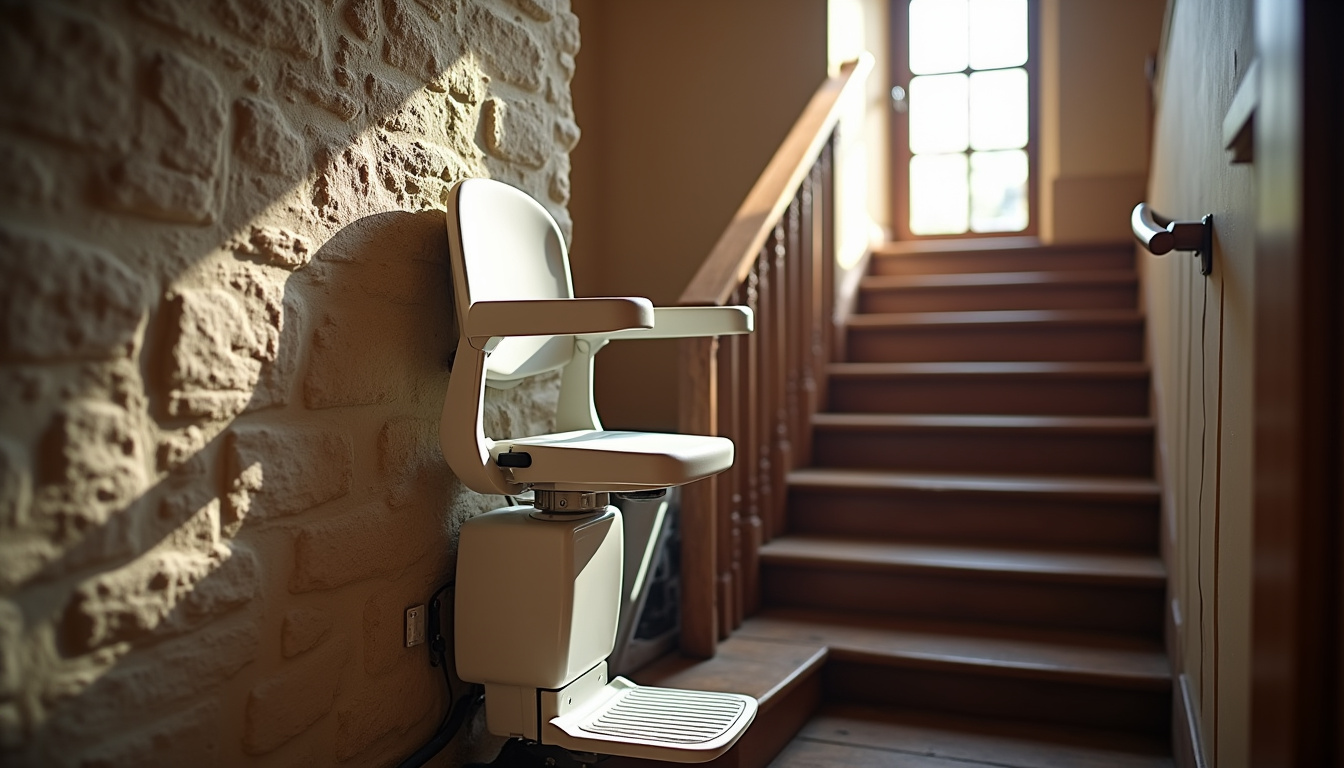 Monte-escalier installé dans une maison ancienne de Benon avec escalier en pierre et bois