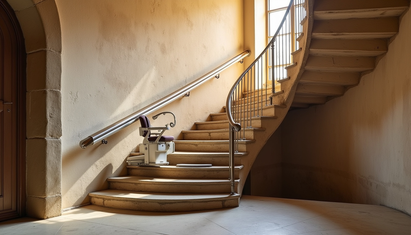 Monte-escalier installé dans une maison ancienne de Villegouge avec escalier en colimaçon