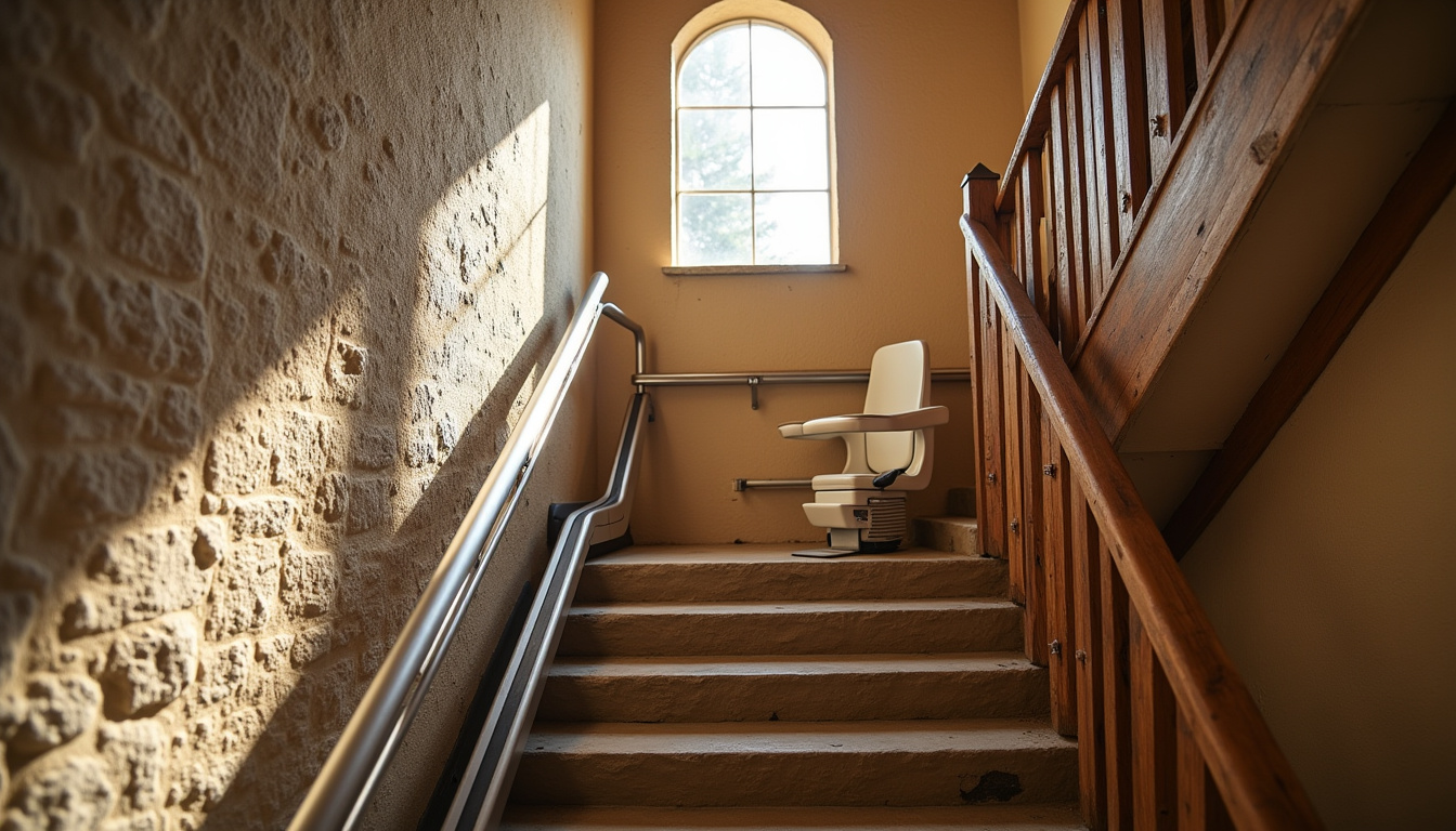 Monte-escalier installé dans une maison ancienne en pierre typique de la Gironde