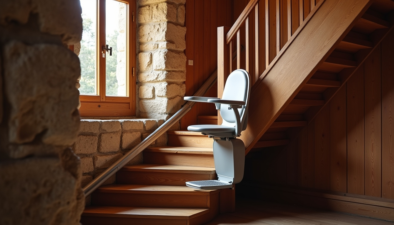 Monte-escalier installé dans une maison ancienne typique de Compreignac avec escalier en bois