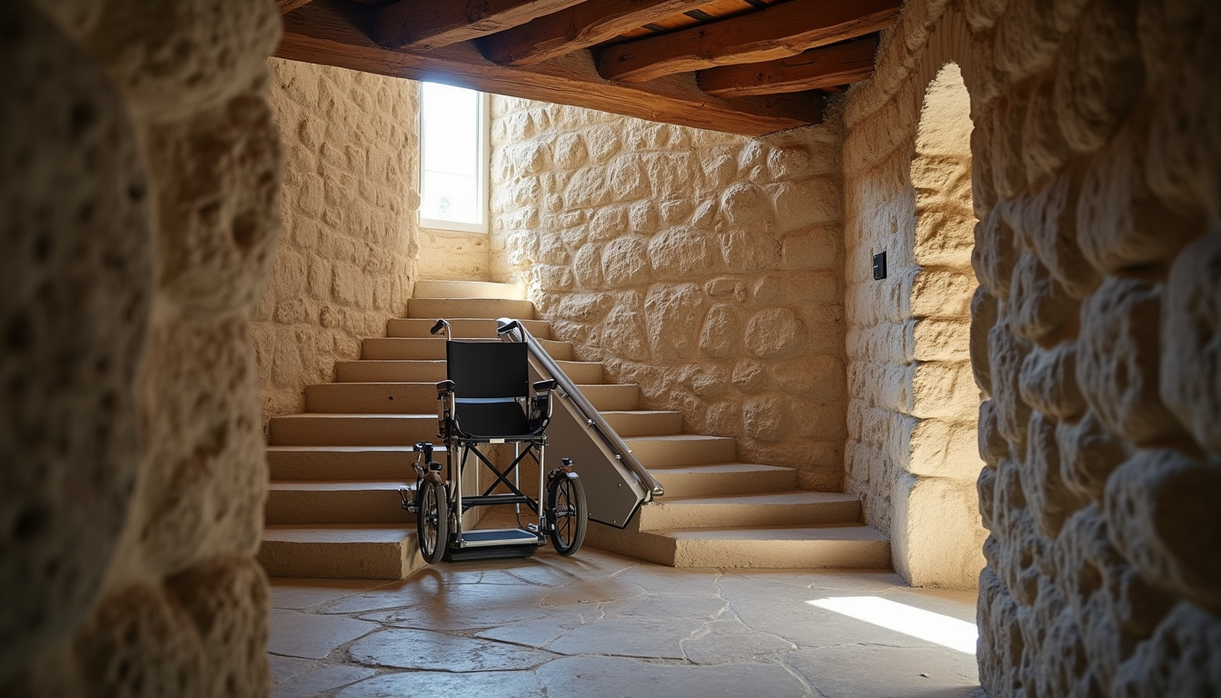 Monte-escalier installé dans une maison ancienne typique de Plouzévédé avec escalier en pierre
