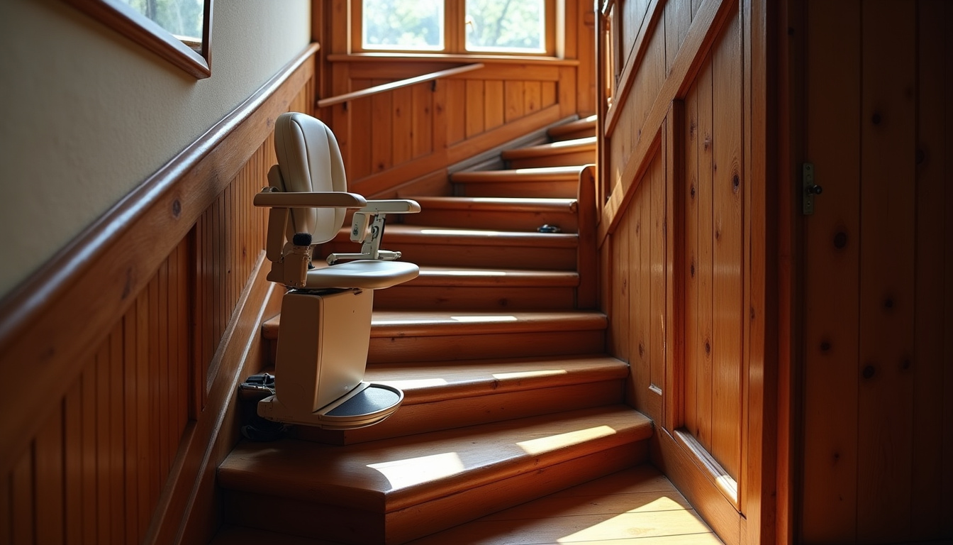 Monte-escalier installé dans une maison ancienne typique de Rehainviller, avec escalier étroit et boiseries d