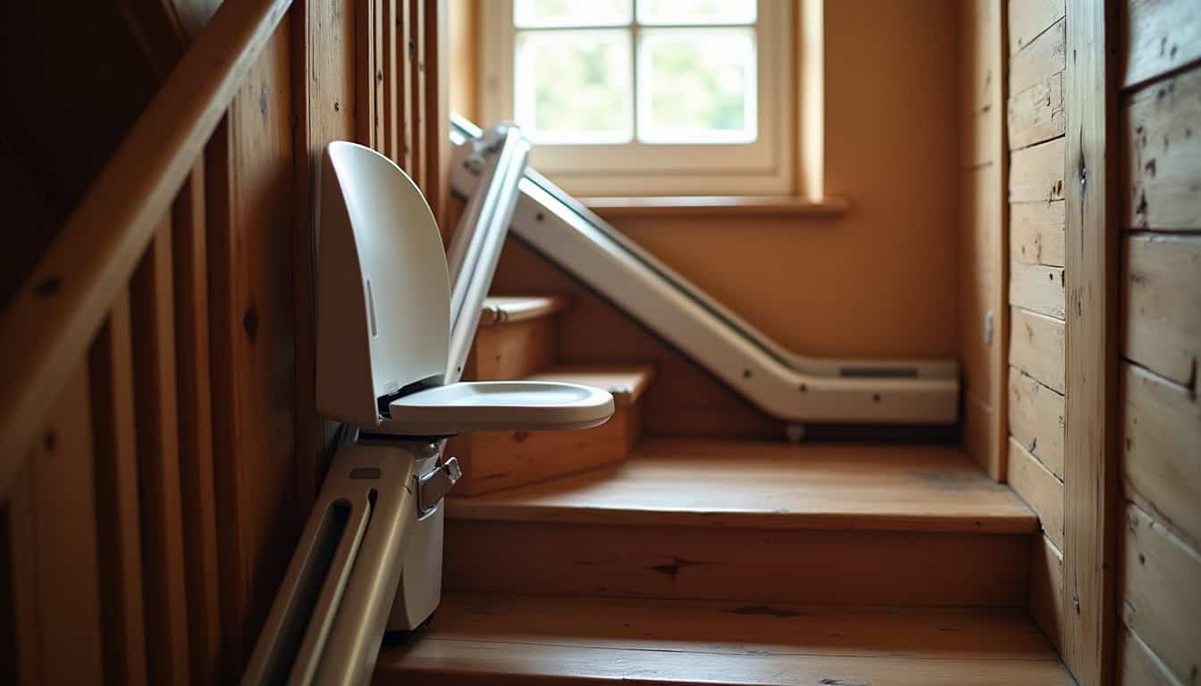 Monte-escalier installé dans une maison ancienne typique de Trélon avec escalier en bois