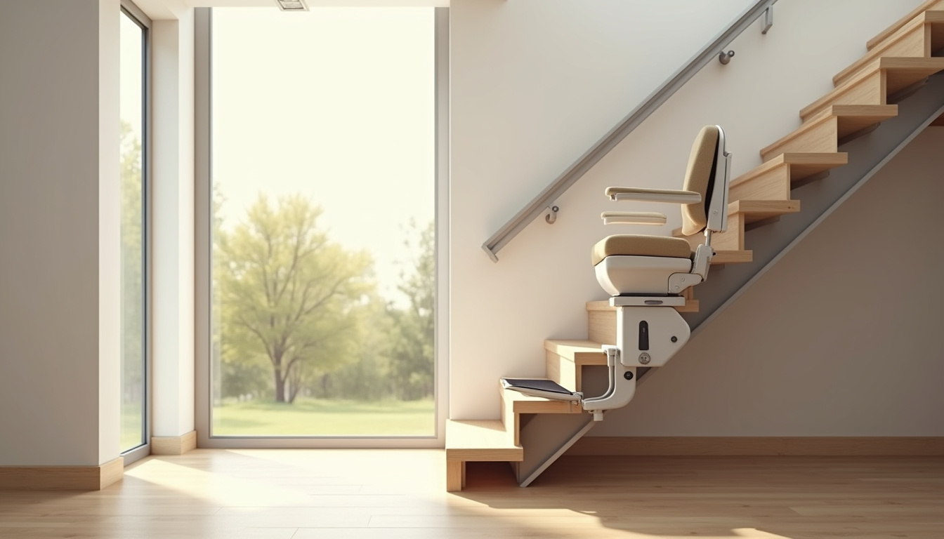 Monte-escalier installé dans une maison avec escalier droit, vue d