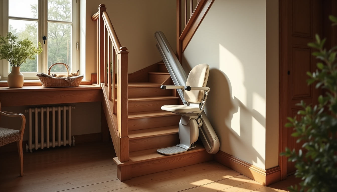 Monte escalier installé dans une maison avec escalier en bois traditionnel