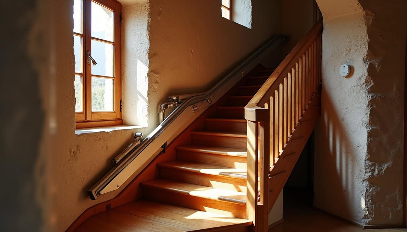 Monte-escalier installé dans une maison basque traditionnelle avec escalier étroit et virage