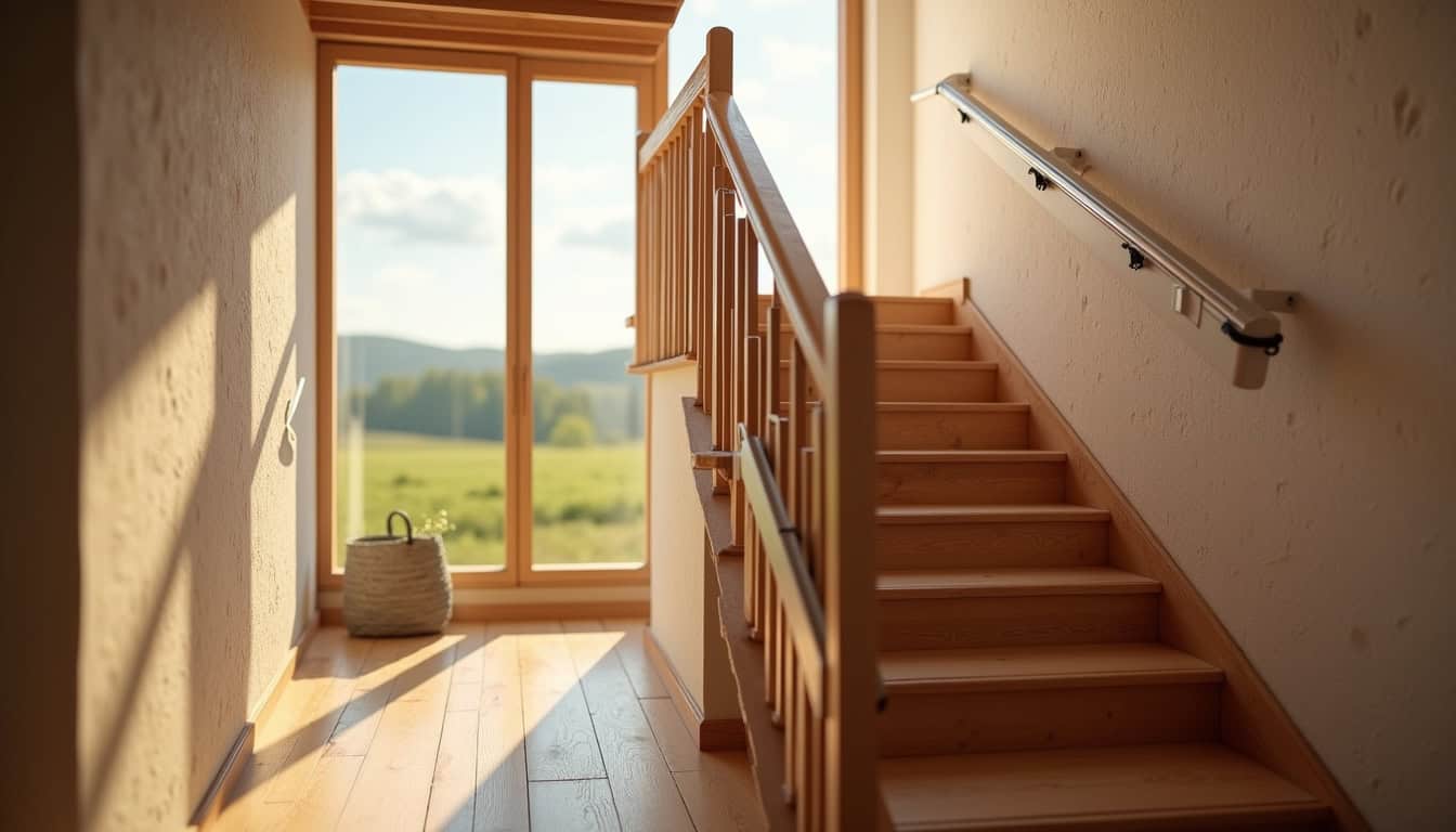 Monte-escalier installé dans une maison traditionnelle à Mouxy, avec escalier en bois et environnement rural