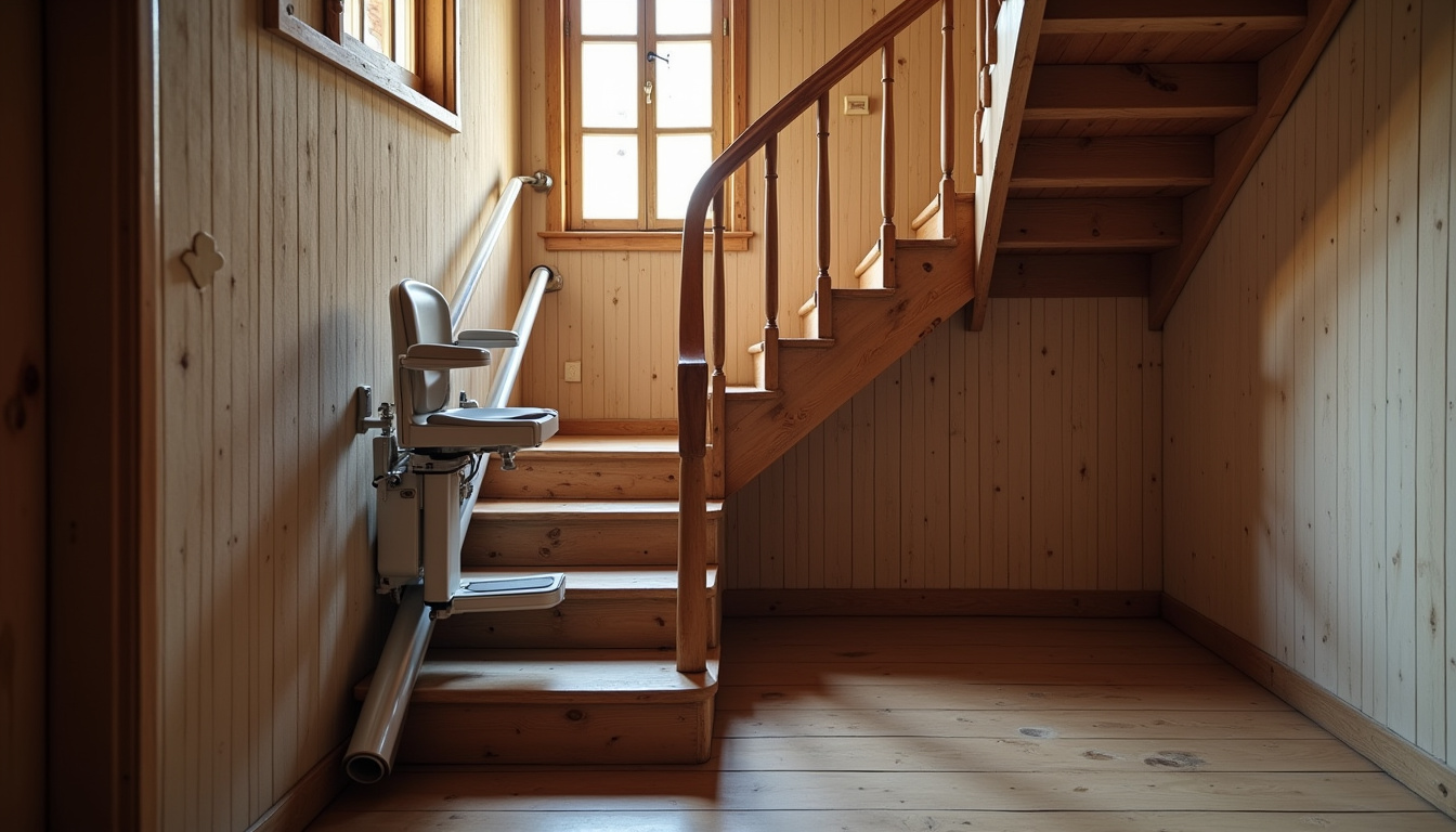 Monte-escalier installé dans une maison traditionnelle à Mussig, avec escalier en bois ancien