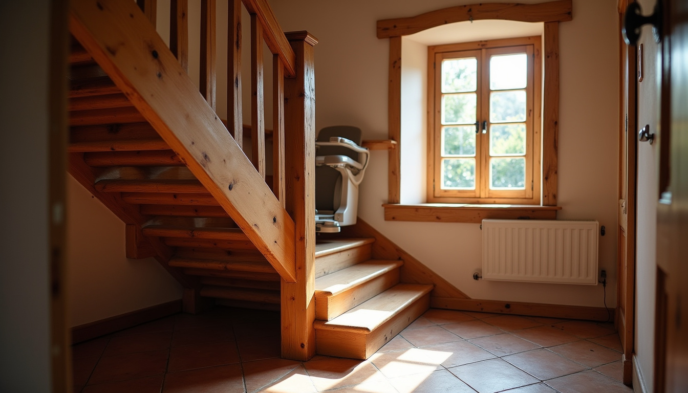 Monte-escalier installé dans une maison traditionnelle à Raedersheim, vue depuis l