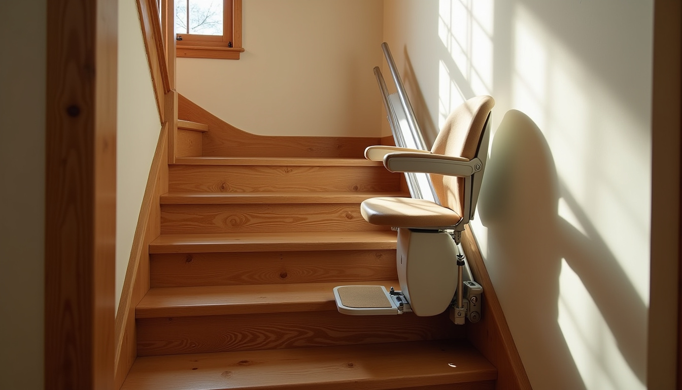 Monte-escalier installé dans une maison traditionnelle à Saint-Palais, intégré harmonieusement à l’escalier en bois