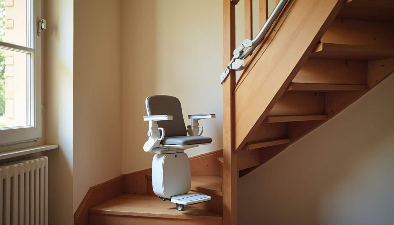 Monte-escalier installé dans une maison traditionnelle à Seyches, Lot-et-Garonne