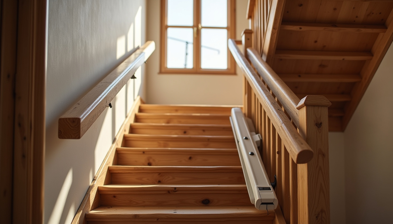 Monte-escalier installé dans une maison traditionnelle bretonne avec escalier en bois