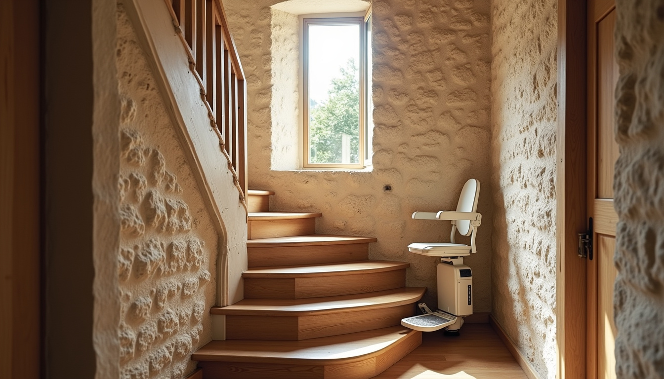 Monte-escalier installé dans une maison traditionnelle de La Boisse, vue d
